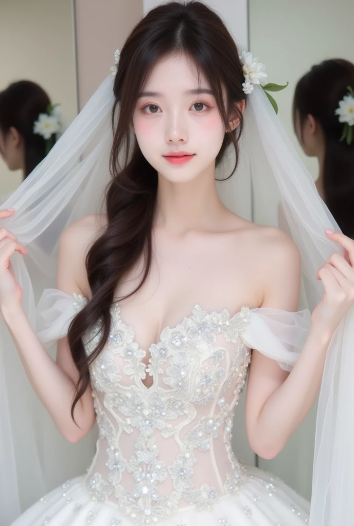 see through、Ren Hao、Show your shoulders、One hand resting on his lips、There are white butterfly orchids around the hair，Lilac dendrobium、orange lily、White Lily、1 girl in、Full body image、white hair、Floating hair、Hazy Beauty、Skin-revealing corset dress，Extremely beautiful facial features、Hairpin on head、Lying in the flowers、Drag your chin with both hands、Perfect hands、Rosette、(spring、Rainy Day、Butterfly、cliff)、 Vector Art、Chinese Contemporary Art、Soft Light、intertwined scarves、look down