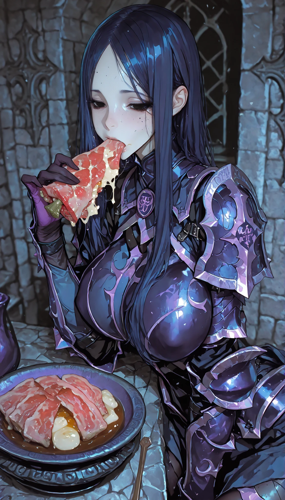 A Female,SOLO,Slim body,Huge Oppai, (dark blue hair,parted bangs, single sidelock),dark purple Forehead Protector,black eyes, Wearing A dark purple Knight Armor,In Holy temple,Sitting at the table,Eating fresh meat,UHD, SOLO, anatomically correct, masterpiece, textured skin, high details, highres, 1080P, 16k, accurate, Beautiful face, Perfect face, Highly detailed beautiful face and eyes, Attractive face, Detailed face, Delicate facial features, Detailed skin,Cowboy shot
