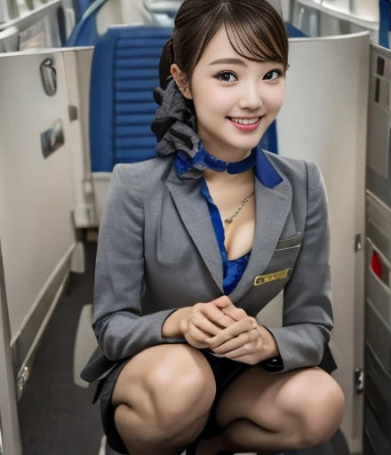 ((masterpiece、highest quality))、Detailed face、Sexy beautiful woman、(Stewardess Uniform:1.2)、Big Breasts、depth、1 girl、Synmatic Lighting、High heels、Sexy Woman、Sexy legs、Pay attention to the beautiful legs、Attractive beautiful legs、セクシーなHigh heels、ルブタンのセクシーなHigh heels、(Business class cabin on airplane:1.2)、She is sitting in a chair with her legs crossed in a sexy position、Healthy legs、Sexy Pantyhose、Thin black pantyhose、garter belt、smile、healthy thighs、Tight ankles、High heelsのつま先まで見える、