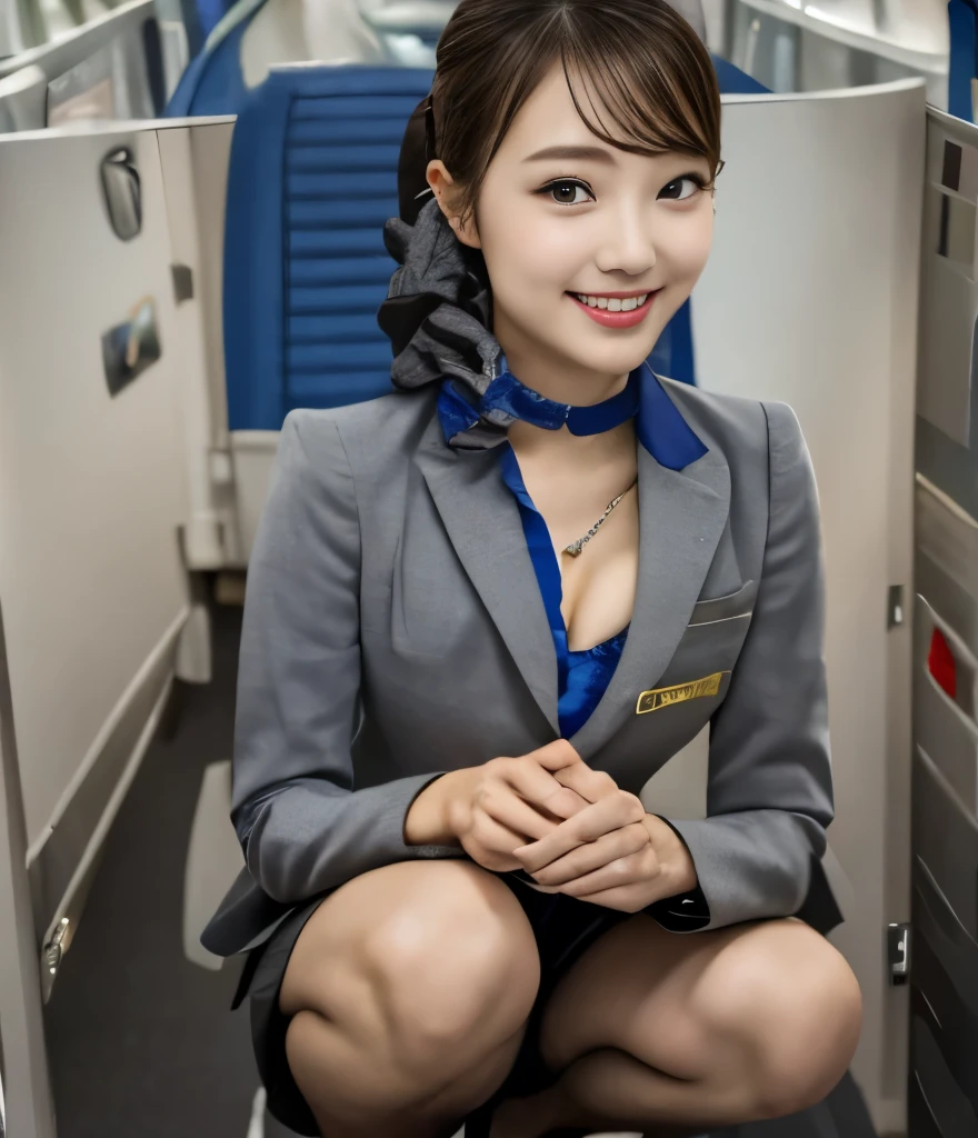 (best quality、、 super high resolution in the shot 、masterpiece)、clear pictures、professional lighting、smile、very cute girl、Yuki Yoda is so cute、very delicate and beautiful、shiny skin、Beautiful Eyes、(I can see cleavage)、Ultra slim、Slender Body、thin waist、beautiful feet、(stewardess、wearing uniform)、(squats:1.6)、belly shortcut 、brown hair、full body photo、(perfect anatomy、 charming)