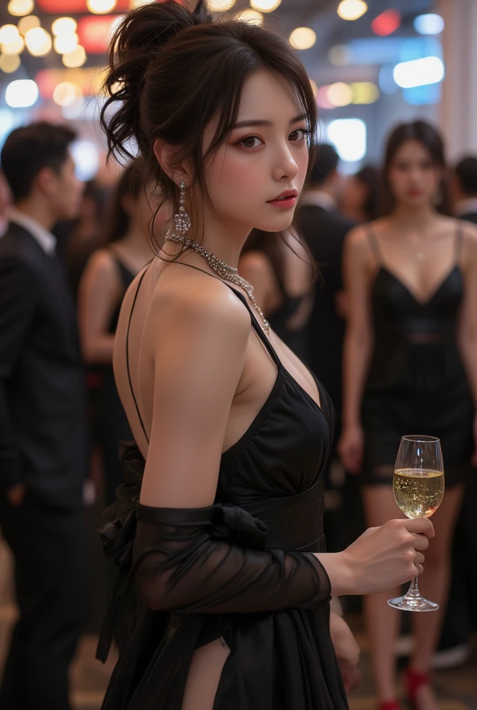 Young and beautiful、A Japanese woman with her black hair tied up for an evening party、Wearing a long black dress、Her breasts are incredibly large