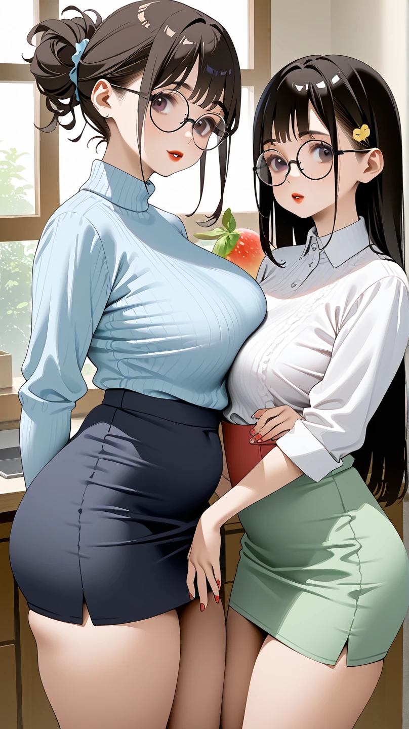 2heads, a tall fat woman with 2 heads. She has enormous breasts. She is wearing a professional-looking button-up shirt and a tight skirt. She has black hair tied up in a bun. She is in a library. She is wearing glasses. She has gigantic breasts. She looks mature. She has full lips. She is blushing. She is holding a book. She is extremely tall. She is very fat. She has massive fat boobs. She looks aroused. She looks seductive.