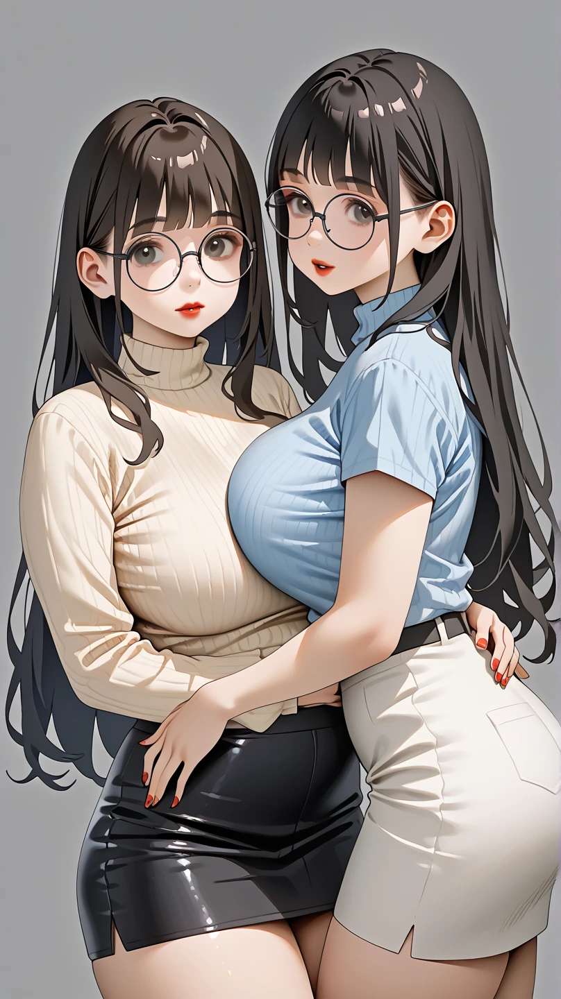 2 heads, a tall thin woman with 2 heads. Extremely huge breasts. In a bedroom. Wearing a colorful belly shirt with a graphic on it. Wearing jeans. Young. Happy. Thin face. Seductive eyes. Long messy hair. Sexy. Smiling. Gigantic breasts. Nerdy, sexy nerd appearance. Deep cleavage. Hard nipples under shirt. Gigantic round breasts. Enormous fake round breasts. Giant circular breasts. Selfie POV, taking a selfie.