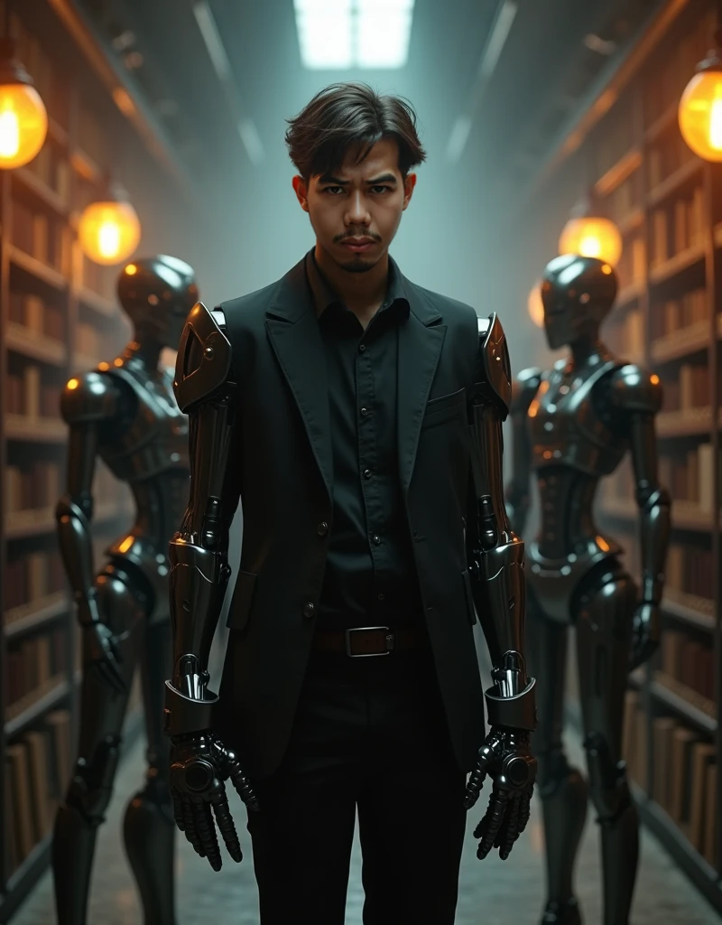 image of a guy alone wearing a red coat making a technological armor a young guy