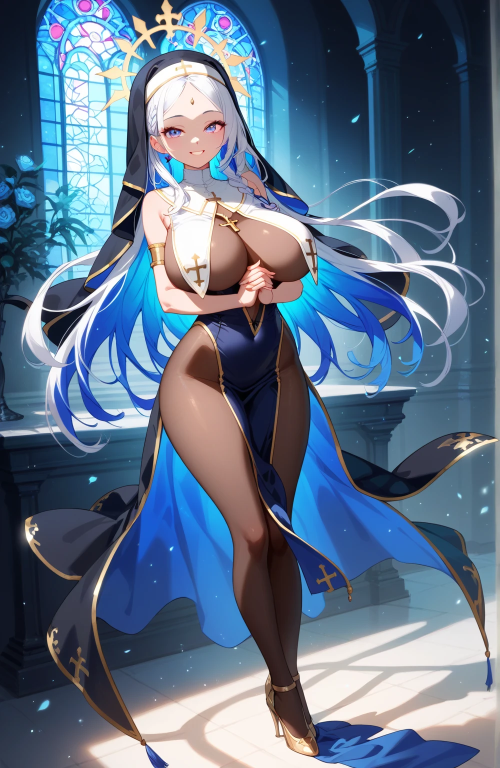 masterpiece, best quality,1girl, breasts, morgan le fay (fate), solo, blue eyes, long hair, ponytail, bow, braid, cleavage, very long hair, large breasts, huge breasts, bare breasts, nipples, thick thighs, huge thighs, open legs, long leg thong, black bow, looking at viewer, dress, hair bow, thighhighs, black dress, bangs, sidelocks, french braid, grey hair,