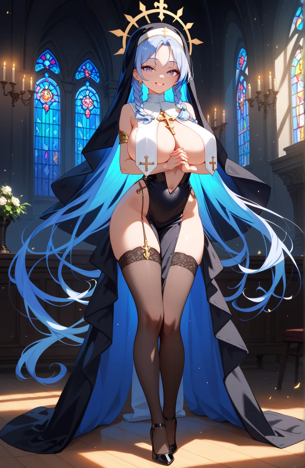sexy Animated girl in a French Sister church outfit, exuding a seductive allure, sexy pose,stands before the hallowed walls of a majestic French church. She dons the elegant habit of a Good Sister,god, its pristine white fabric contrasting sharply with her bold, sultry expression. , entranced by her enchanting charm. This seductive animated girl is a trending sensation, celebrated as the best rated on Pixiv and Tendances sur ArtStation, making hearts race in the anime community. Hailing from the popular game Azur Lane, she embodies the style voie d'azur with her captivating presence, best lighting,beautiful lights, light effects, magic effect, magic