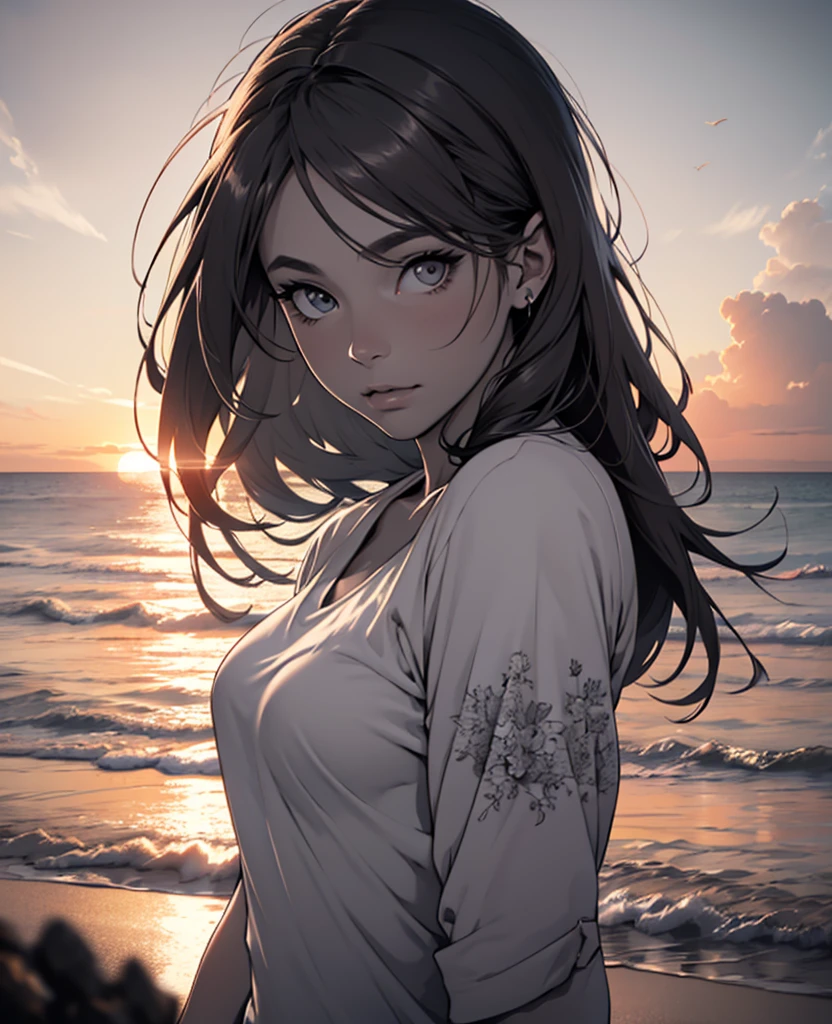 ((Highest quality)), ((masterpiece)), (detailed), 
A beautiful black-haired girl standing by the sea、summer、night、、cute、summerっぽい日本の浴衣、Starry Sky、Buckshot、Vision、Side Angle、