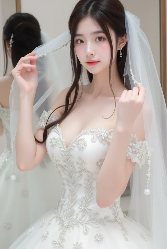 (best quality:1.4), (masterpiece:1.4), (highres:1.2), (extremely detailed:1.2), human body ratio,
1girl, korean girl, (each girl wearing different fashion:1.4), dynamic pose, powerplant, The veiled bride's bride wore a white dress. With a view of the back of the wedding ballroom, Vonzie's name was written on the back