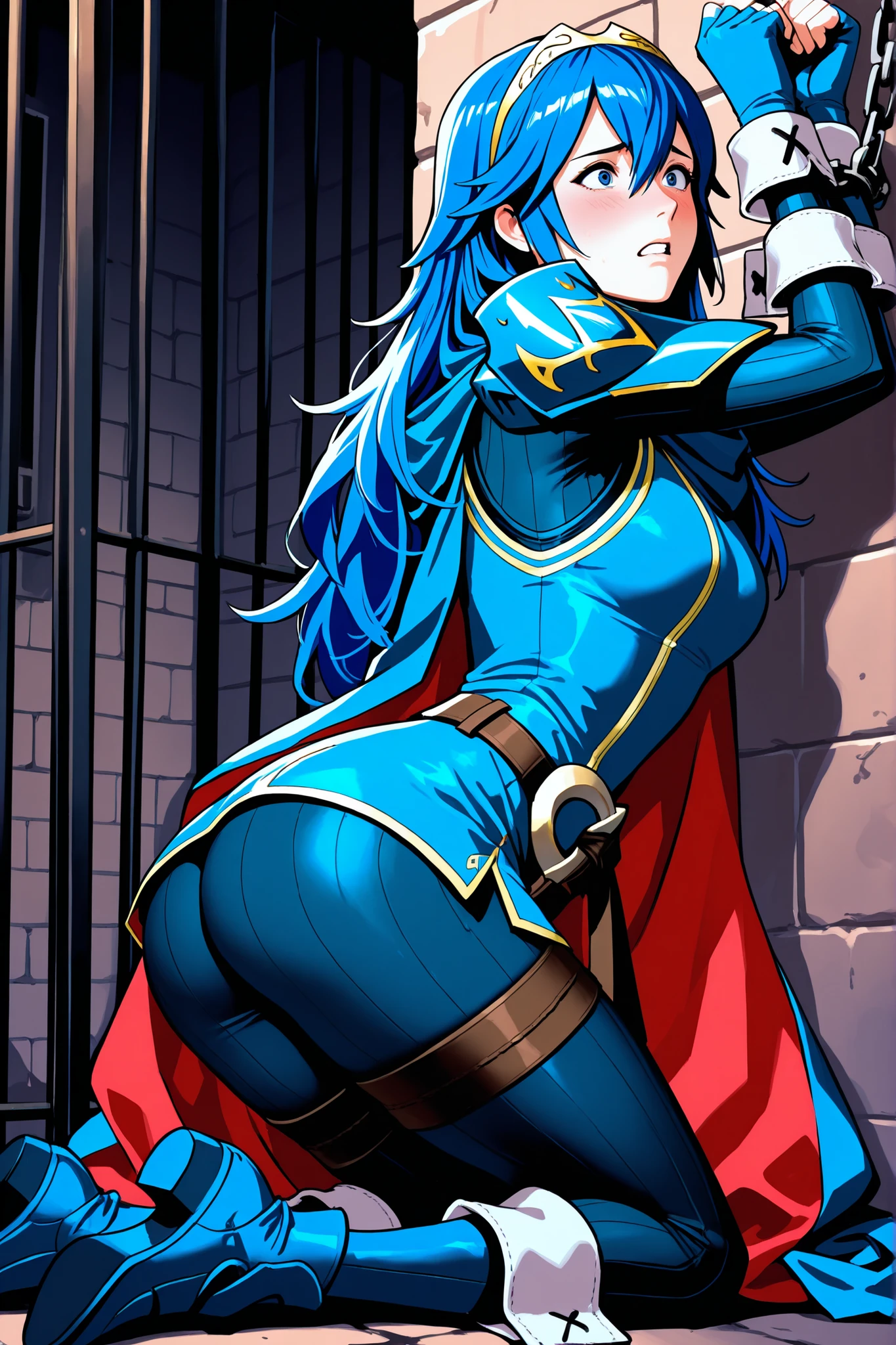 lucina from fire emblem, blue hair,masterpiece, best quality, solo, 1girl, large breast, wide hips, thicc thight,long hair, tiara, cape, shoulder armor, blue tunic, long sleeves, cuffs, blue scarf, fingerless gloves, belt, pants, looking at viewer, furrowed brow, blush,scared, panicked, fear, in dangeon, prison cell, wall, messy prison, hands behind head, tied up,kneeling, legs tied, head down,ass up, arms tied, arms chained, steel chains, shoot from front, , she glaze on her pain, looking for help