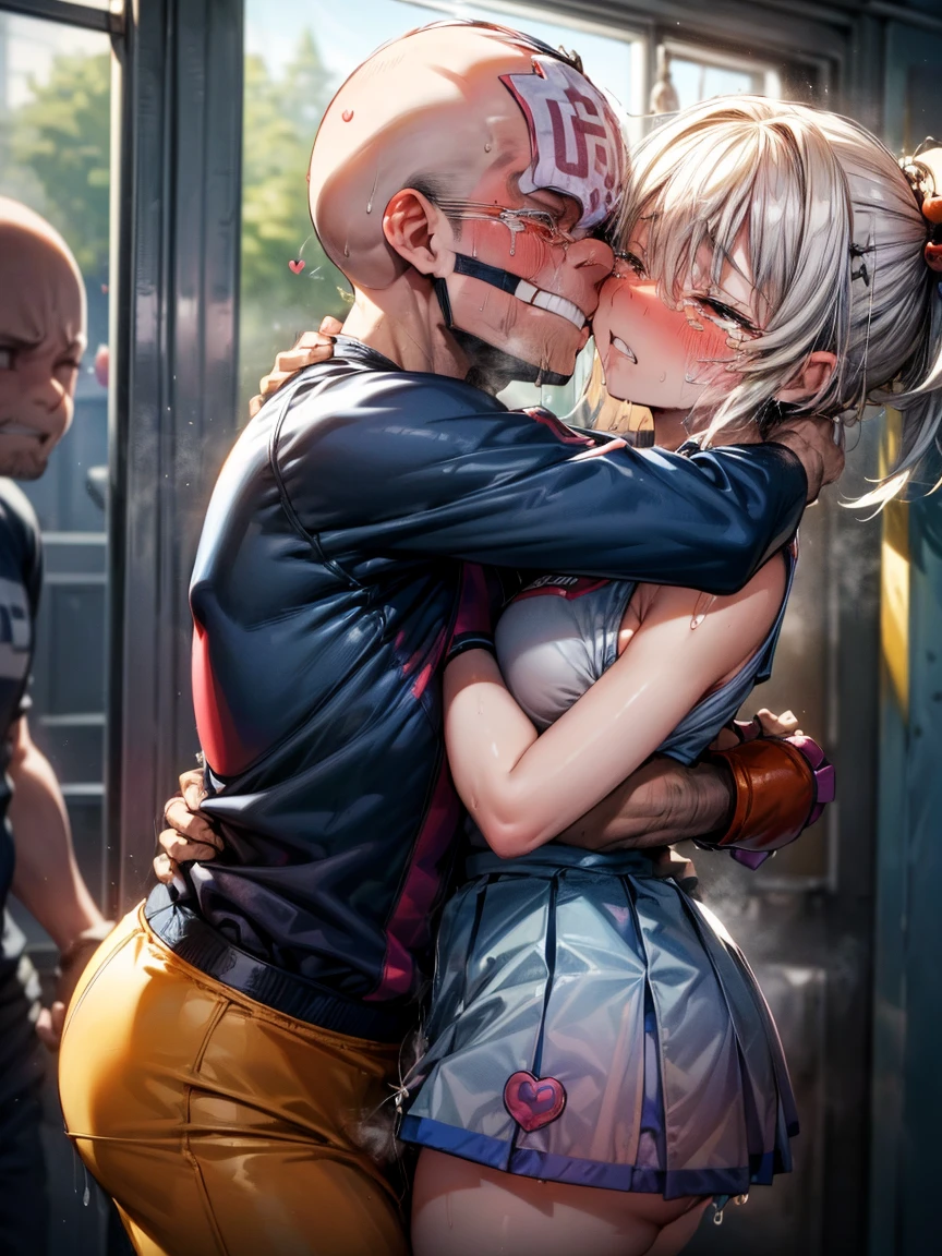 (One very small girl, A fat middle-aged man:1.2), 破れたpantyhose, pantyhose, White shirt, Pencil Skirt, blush, French kiss, hug, ((Big Breasts)), Very detailed, High resolution, 4K, masterpiece, High resolution、(tears:1.8)、(rape)、(Sex)、Straddle a man