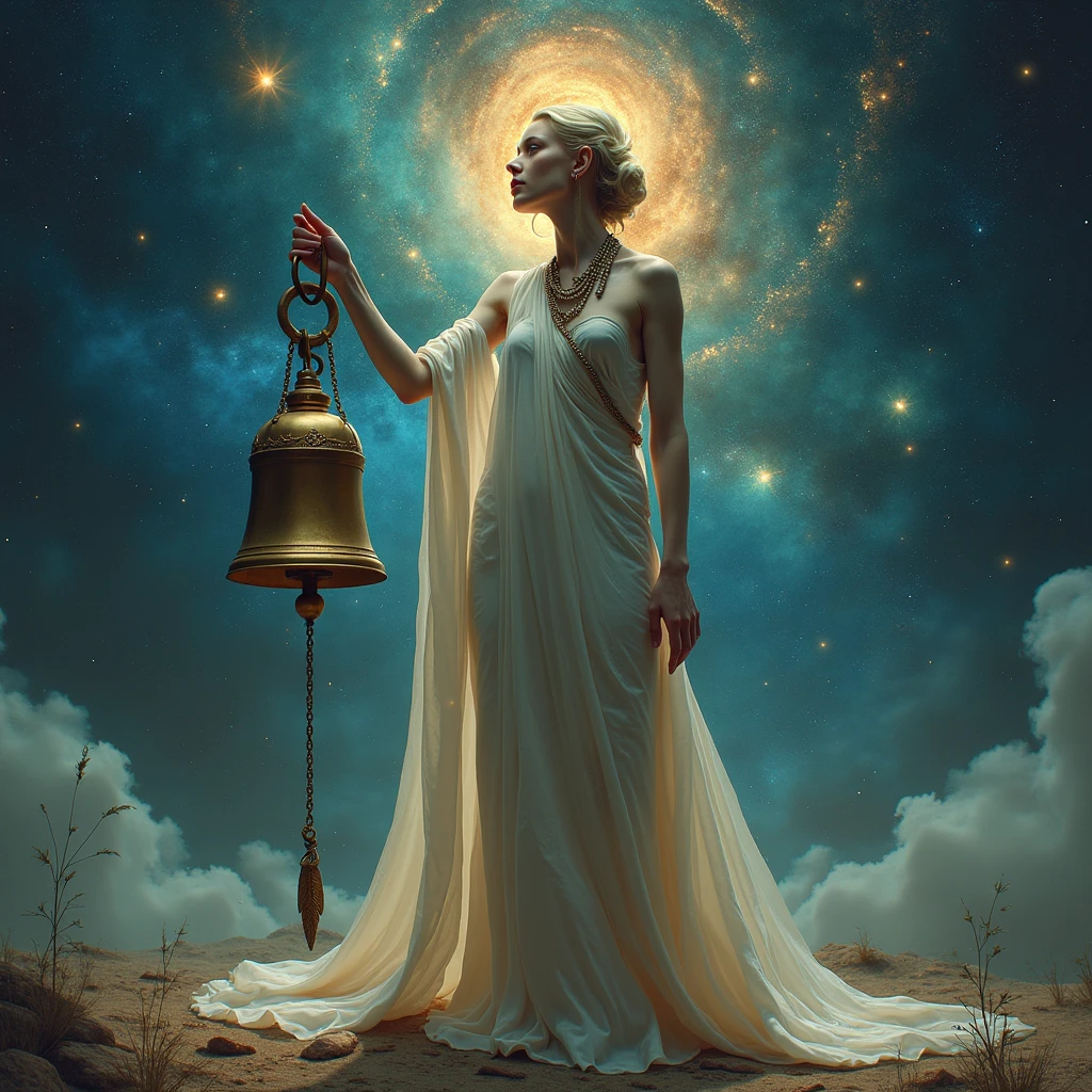 A woman with long white hair,she will be wearing a white dress,I want her to be a goddess and she will hold an hourglass in one hand and a silver key in the other hand.,I want the background to be something that reminds me of time and the concept of the hourglass.,I want something iconic and it would be with a tear on her face,She will be beautiful like a model,There will be a white blindfold on her eyes and it will say Theory
