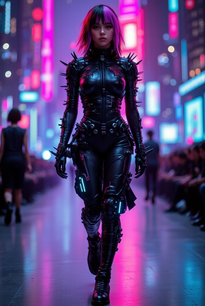 mod show, cyberpunk clothing, neon inserts, spikes and armored plates,  stylish girl , implantation of the future