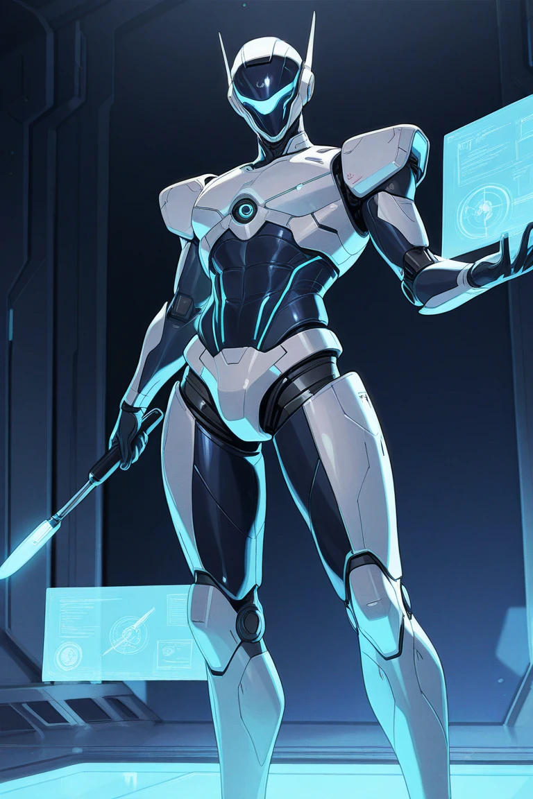 Top quality, masterpiece, high resolution, 1quarian, male, slender, solo, cat ears, mechanical tail, artificial arm, battle stance, femboy, holding plasma sword, beautiful hips