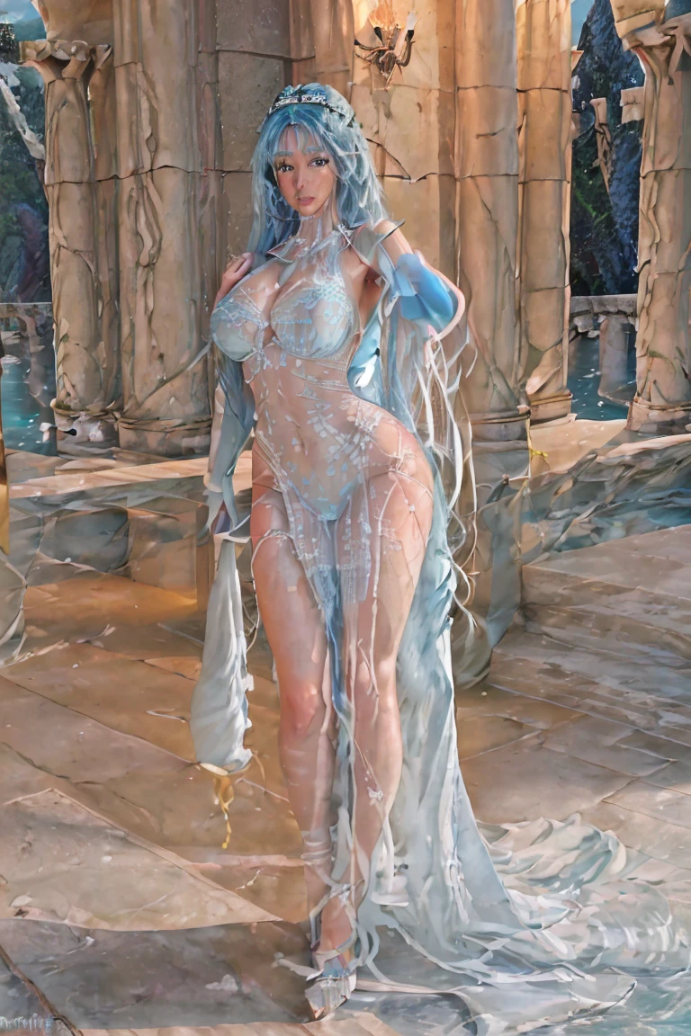 (high res, 8K, masterpiece, looking at viewer, best quality, very aesthetic, ultra detailed, ultra background, ultra Eyes), intricate details, 1girl, Meimei, has long silver-blue hair that is usually styled in two braids, one covering her face and the other hanging down behind her head and over her shoulders, dark purple eyes, Perverted face, red lips, Big Ass, big breasts, buttocks facing the camera, bend over, background Waterfall, Mountain, Forest, river, Cinematic Angle