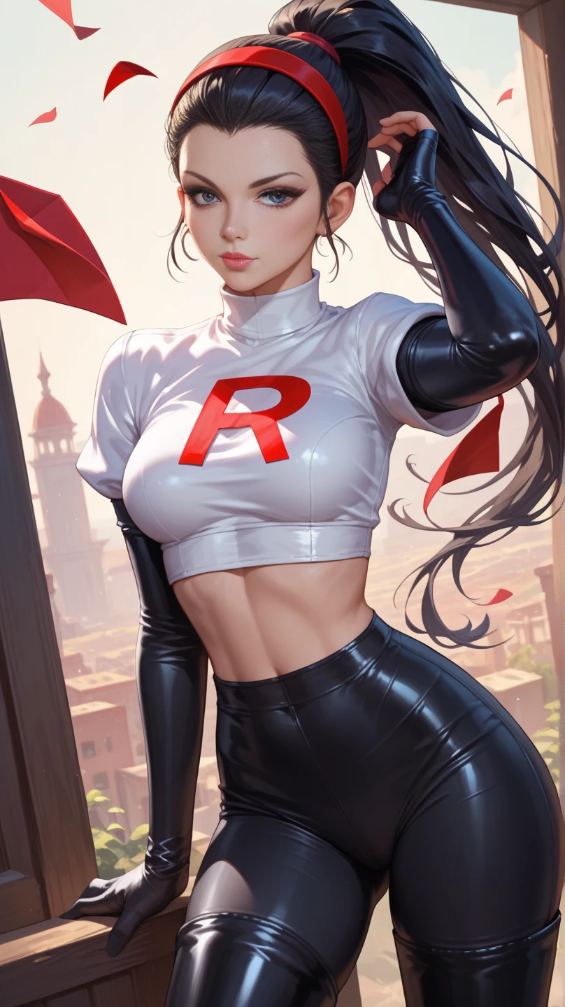 team rocket,team rocket uniform, red letter R, white skirt,white crop top,black thigh-highs, black elbow gloves,dark background,black background,simple background,