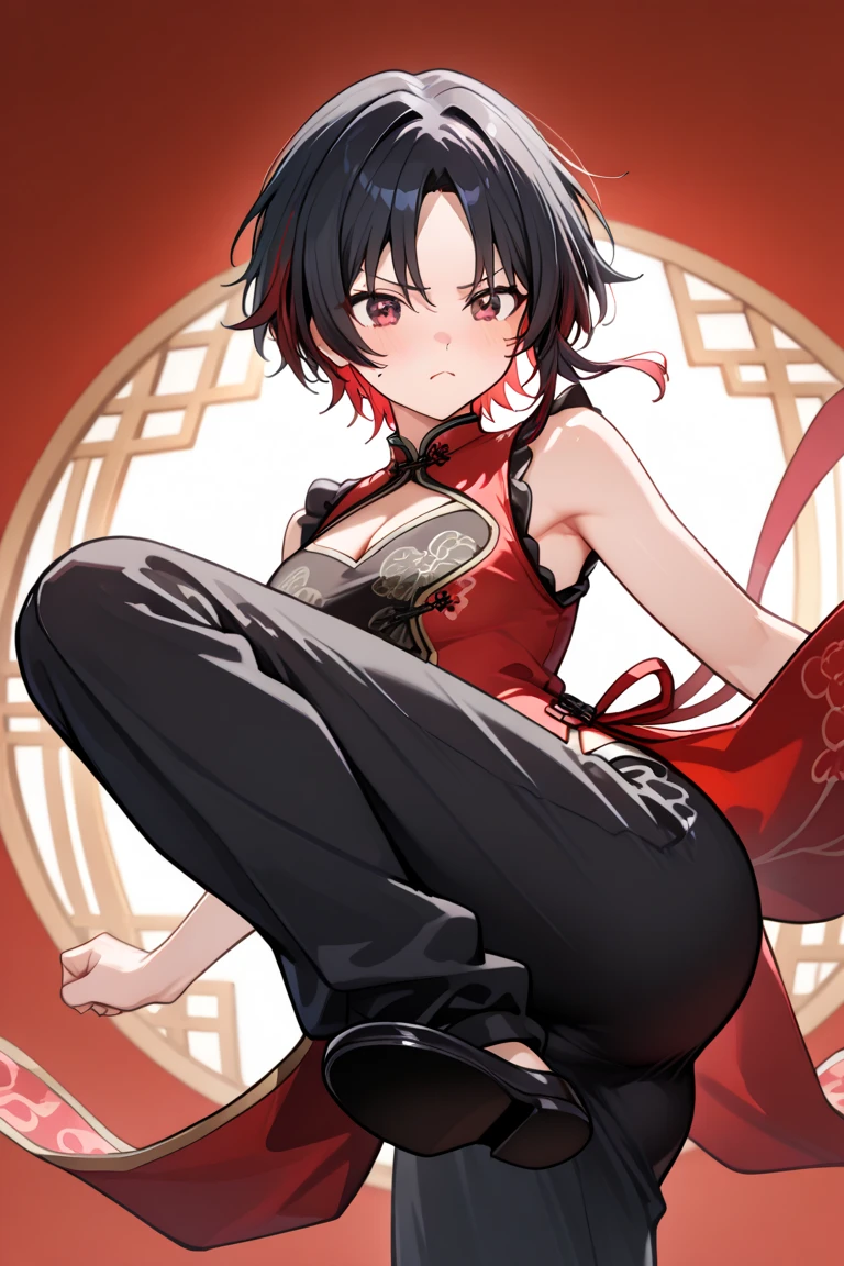 Pucca
Baotou
Close eyes
Mature
Big 
red shirt
black trousers
kung fu girl
Noodle House
motorcycle
full-body shot
