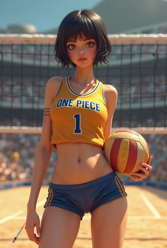 (Masterpiece, best quality: 1.2), Solo, 1 girl, Tatsumaki, boring, mouth closed, looking at the audience, basketball in hand, standing on basketball court, medium breasts, (loose basketball suit: 1.6).