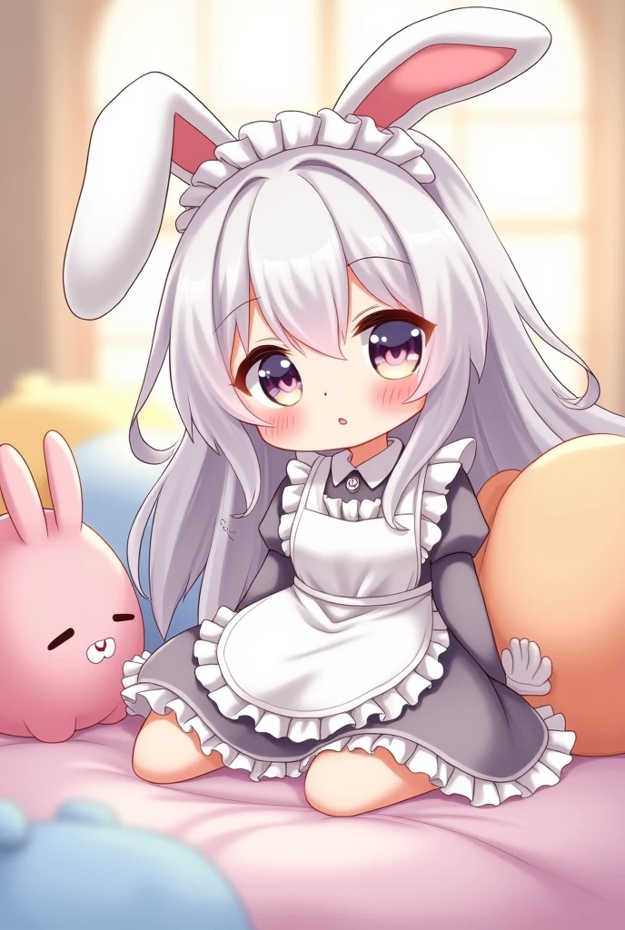 1 Girl, One, animal ears, rabbit, barefoot, knees up, dress, sitting, rabbit ears, short sleeves, I look at the viewer, grass, short hair, smile, White hair, puffy sleeves, On open air, puffy short sleeves, bang, on the ground, whole body, animal, white dress, Sun Ray, Brown eyes, dappled Sun Ray, day, Depth of field, skirt up, Hentai, pink panties, lowered to the knees, nsfw
