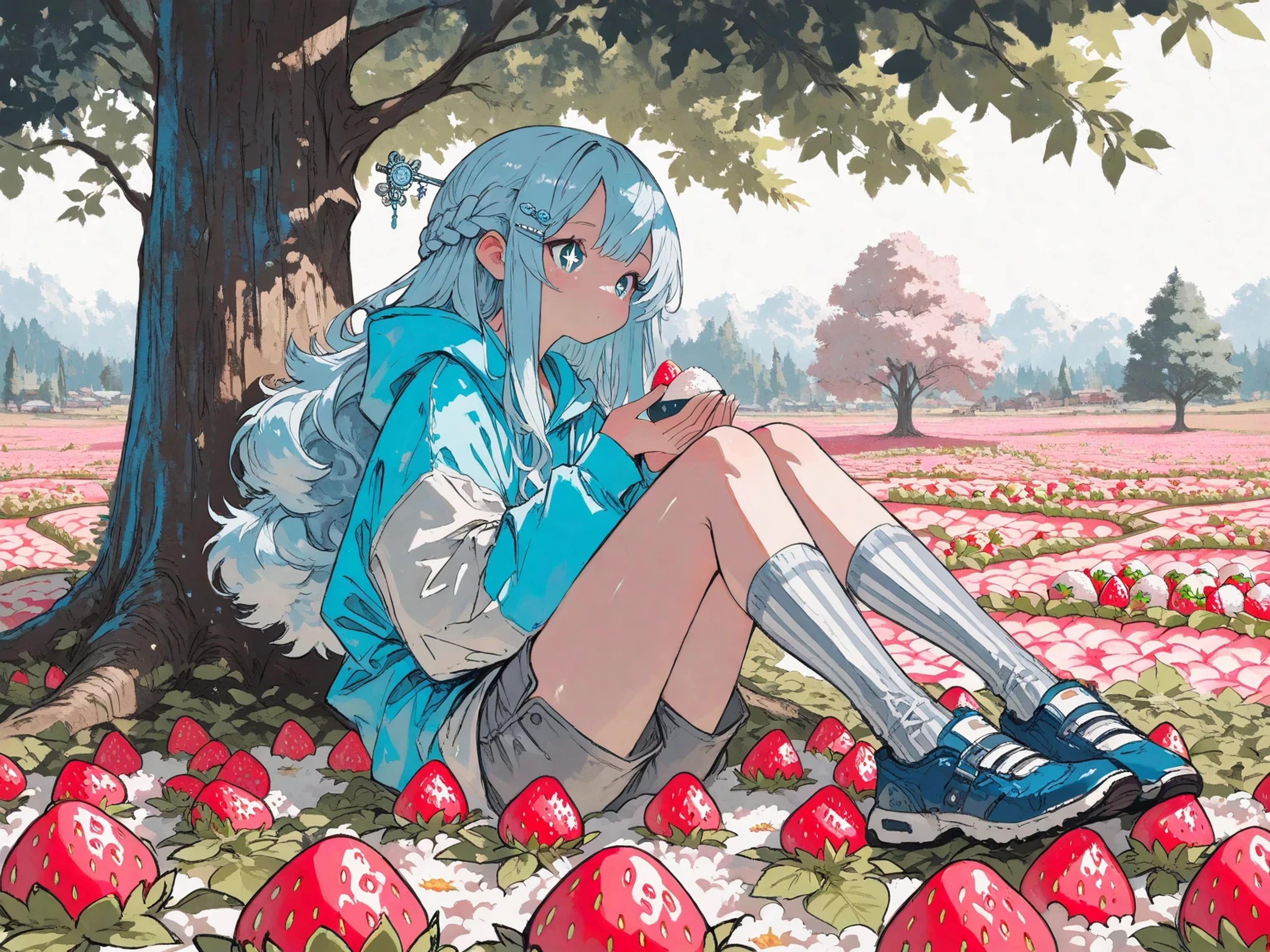 solo,beautiful girl,OKMCN\(🍙shaped hairpin,French braid hair,light blue hair, long hair, fluffy hair,big light blue cute eyes,sparkling eyes,details of eyes,no nose,small mouth,blue shoes,light blue hoodie,gray short pants,blue and white striped knee-high socks\),she has a big 🍙(\Japanese rice ball\) on her hands,sit on a huge tree with green leaves, soft pink strawberry field,shading and contrast,intricate art work,detailed illustration,hand written sketch,8k,HDR,(masterpiece,best quality)