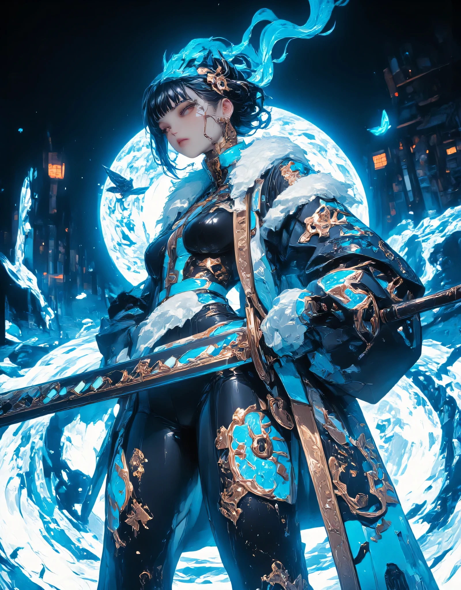 Create a 3D image of a full Body (one girl) in a fur coat, reminiscent of 19th century Chinese painting and engraving styles. The coat is elegantly drawn with intricate patterns and colors of blue, vibrant, and white. A softly glowing lighting energy covers the entire scene, highlighting the silhouette of the girl and creating a dramatic effect. The girl holds a long Chinese sword, adorned with ornate details. Emphasize the contrast between the modern and traditional styles, as if captured at the moment the lighting energy peaks. Use rich colors and textures to enhance the overall quality.butterfly,(Devine bat:1.5), detailed face and eyes, dynamic pose,(bat wings),