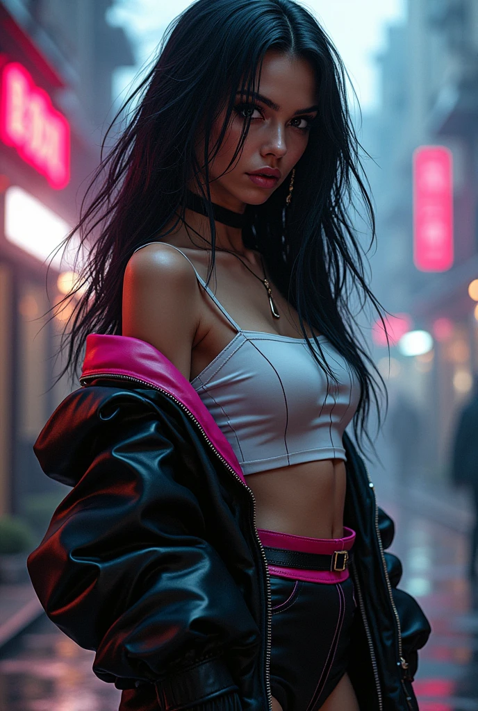 (Realisttic:1.2), analog photo style, Beautiful woman, posing, long black hair braided, (cyberpunk dark fantasy atmosphere), soft natural light, cute and sexy, great quality, Masterpiece, detailed strange background, better performance, 16k quality, RAW photo, in a street, cyberpunk street navel piercings, body piercings, huge chest, pink boots