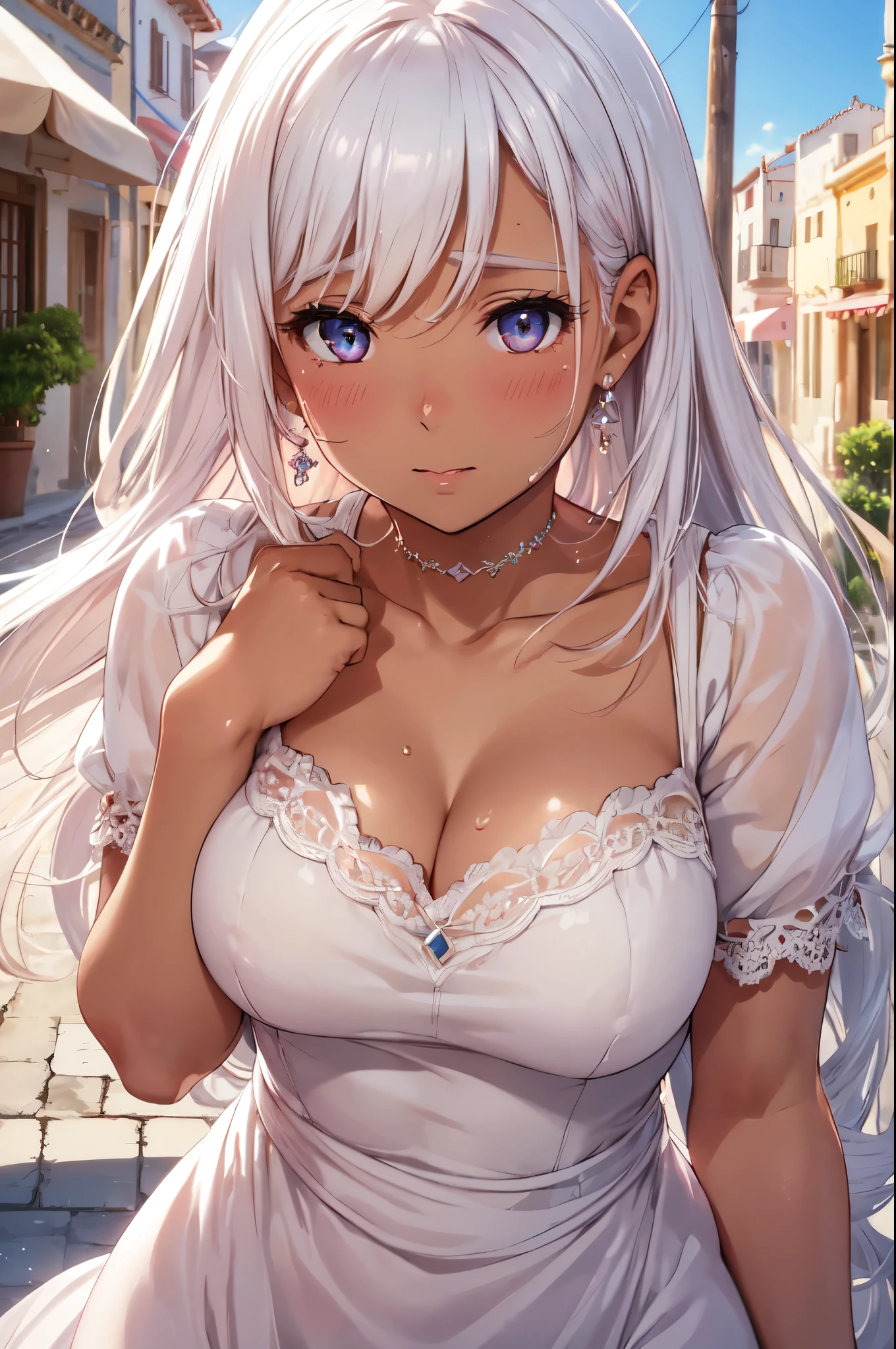 ultra detailed, 1girl, 15y, white hair, small breasts, blush, street, puerple hair, straight-on, leaning forward, blush, cleavage, bare shoulders, from below, sideways, masterpiece, best quality