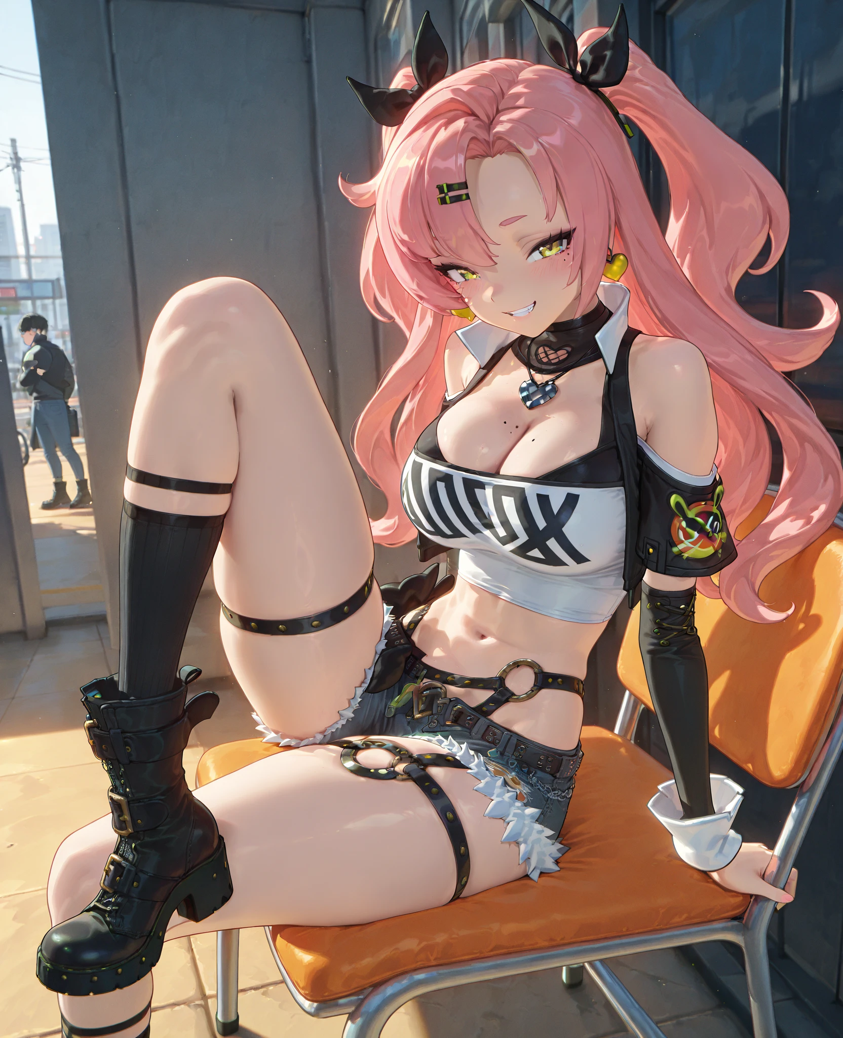 a woman with pink hair and a black top is standing, seductive cute girl, an cute girl,realistic