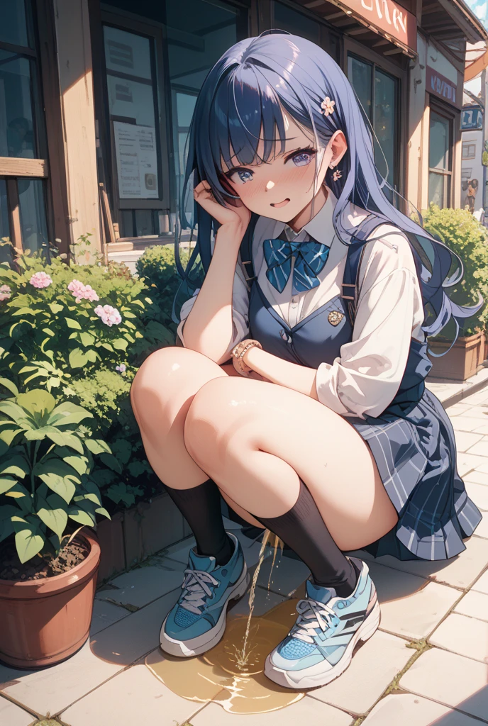 (masterpiece, highest quality), High resolution, Detailed_face:1.2, (anime_style:1.2), Sharpness, 4K, BREAK 1girl, A woman taking a photo, happy smile, Panic face, upset, Open your mouth, Long Hair, Green Hair, Straight hair, Fine skin, Beautiful Hands, Beautiful fingers, Wearing a beret, tie, Short sleeve blouse, Pleated skirt, Thighs, Absolute area, Knee socks, hand between legs, Hot summer day, School, Schoolyard, Sitting on a bench, drink Canned juice, Natural light, Sharp focus, Hasselblad Photography, Cinema Lighting, whole body, BREAK depth of field, professional lighting, cinematic lighting, lamplight, perfect light, sharp focus, looking at another, looking_away, 5_finger, 4_finger,1_thumb, perfect anatomy, perfect arms, perfect hand, perfect fingers, perfect legs, perfect toes,