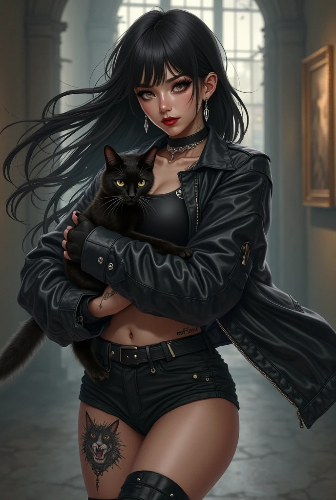 Aesthetic, horror Devil dark painterly style, modern ink, girl sexy Sensual Boruto + Arlequina feiticeira red  blood dark jeans short tshirts cat tattoo, expressive pose, urbanpunk, multi-layered perfect texture background, neo-expressionist, Russ Mills, Ian Miller, Harrison Fisher, Brian Froud, Jeremy Mann, Steadman , Hanuka, Klimt, Bell, Hobbie, Newton, greg rutkowski, atmospheric, hyperdetail, artstation trend, artgerm, deviant art, octane, masterpiece, complex art, intricat