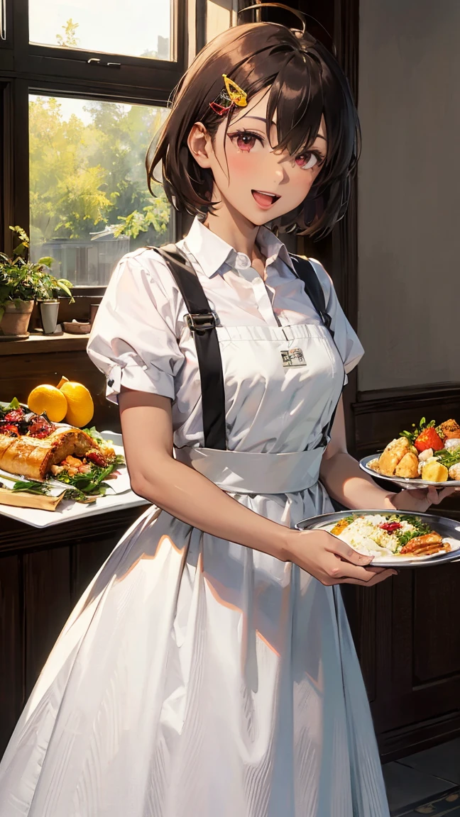 score_9, score_8_up, score_7_up, source_anime, lemon yakishio, short hair, brown hair, ahoge, pink eyes, hair clip, hair between eyes, dark skin, dark-skinned female, anna_miller,waitress, white_shirt, short_sleeves, puffy_sleeves, orange_suspender_skirt, high-waist_skirt, waist_orange_apron, name_tag, (best quality), (high quality), {masterpiece}, extremely delicate and beautiful, ultra-detailed, beautiful detailed eyes, restaurant, indoor, holding silver tray, smile, open mouth, leaning forward