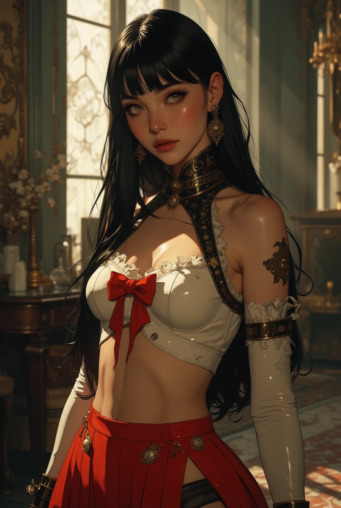 masterpaintings, beste-Quality, 1girl huge large breasts, 独奏, Complicated details, color difference), (realisic),(The skin), 1 girl Shizuku high ponytail, ((Medium breathing)),(black har,bluntbangs),Detailed hair,Red headdress,Blue highlight, Hair is more than one eye,red eyes, Small earrings, sharp sharp eyes, necklac,((Black crop top cutout)),(Symmetrical eyes),(Perfectly symmetrical body),((natural lights))), The light from the back window is backlighted,To gray walls, dimly lit by,are standing,(looking at the spectator),((Center the lens,from frontal,(Face and waist)Visible chest line Deep V realistic, high resolucion, 1 girl, Black wavy hair, small mole under eyes,Camisa blanca, Black pleated skirt, Distinct chest line, Long legs, Tightens abs,dynamicpose,Catwalk Chest line Black pleated skirt Wearing a jacket to reveal a white bra Showing belly button eyes High ponytail Big breasts White eyeballs Sexy --auto