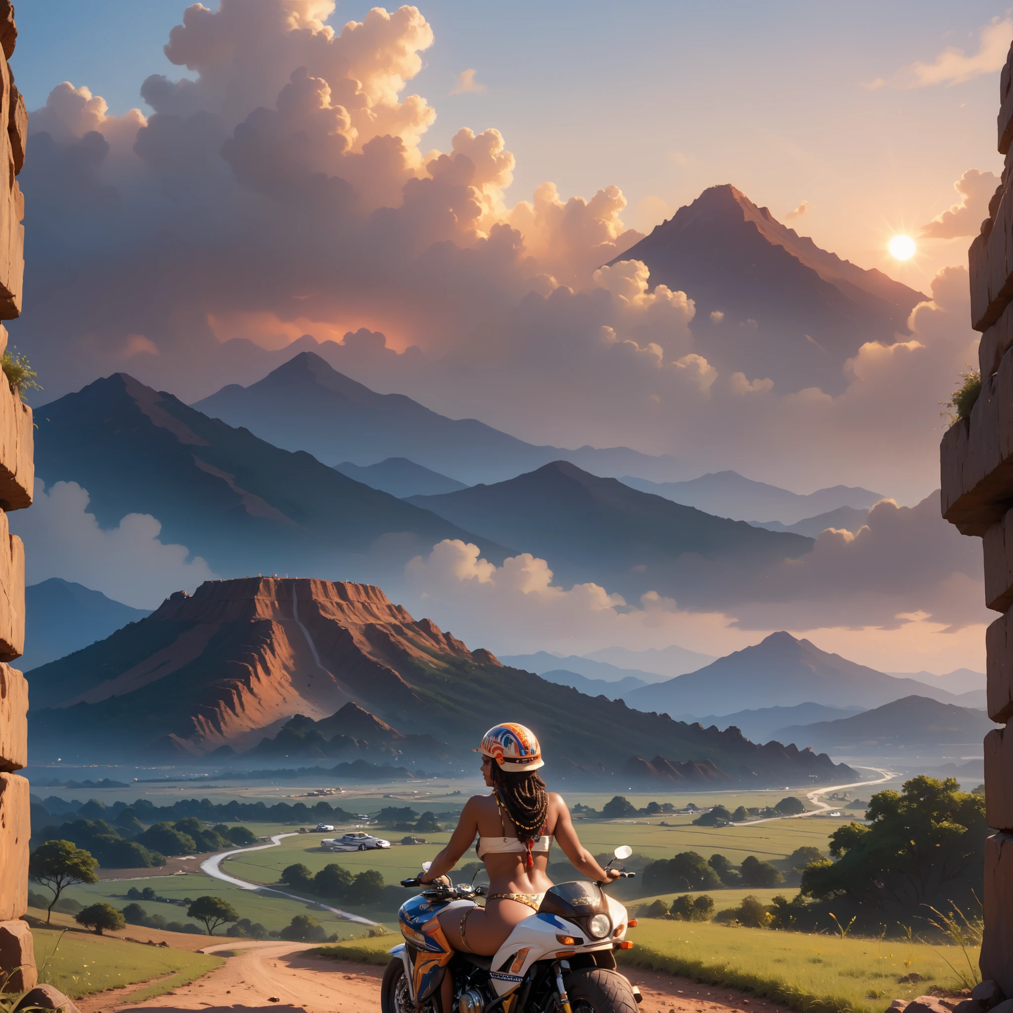 An Asian girl wearing a motorcycle helmet sits on Mark Two,Behind is Mount Kilimanjaro,there is a woman sitting on a rock in a field, on the african plains, volcanoes in the background, stunning sight, epic and stunning, with a volcano in the background, style steve mccurry, landscape of africa, unmistakably kenyan, as the sun sets on the horizon, beautiful views, by Edwin Georgi, inspired by Steve McCurry, incredibly beautiful