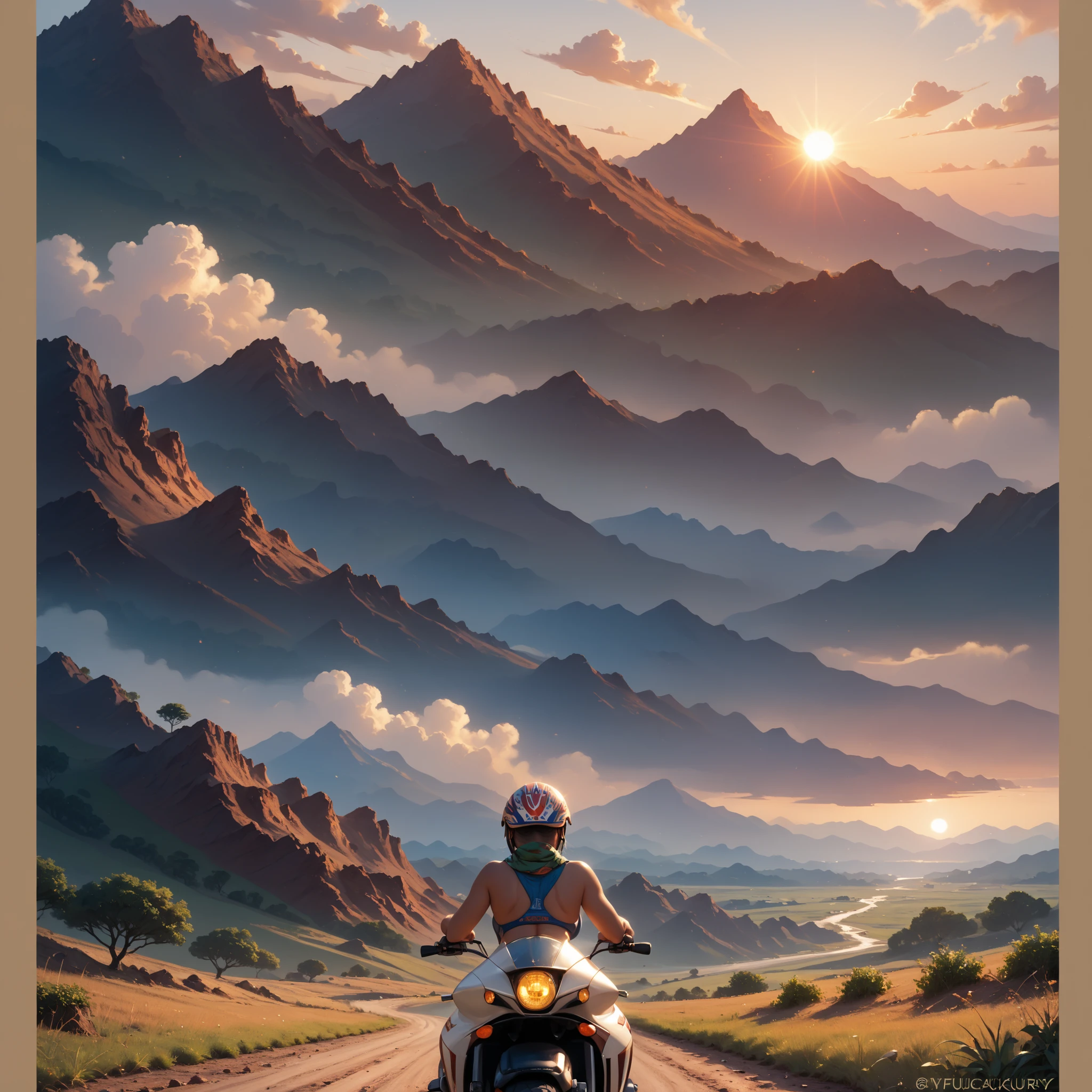 An Asian girl wearing a motorcycle helmet sits on Mark Two,Behind is Mount Kilimanjaro,there is a woman sitting on a rock in a field, on the african plains, volcanoes in the background, stunning sight, epic and stunning, with a volcano in the background, style steve mccurry, landscape of africa, unmistakably kenyan, as the sun sets on the horizon, beautiful views, by Edwin Georgi, inspired by Steve McCurry, incredibly beautiful
