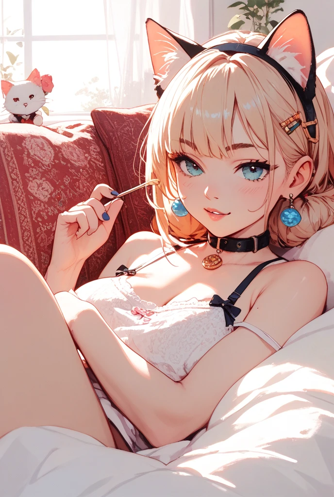 Girl, solo, , short, small to medium breasts, tiny bikini, thong bikini, blonde hair, short hair, straight hair, cat ears, cat tail, cat gloves, furry, cat socks, double teeth, caramel green eyes, thick legs, cute, cute pose, sitting on floor, looking up, diagonally from above, in bedroom, spotlight, bright, neon, colorful, more_details:-1, more_details:0, more_details:0.5, more_details:1, more_details:1.5, more prism, vibrant color, , (nsfw:0.55 ), ((round chest, flat stomach, cute face)), (intense colors)