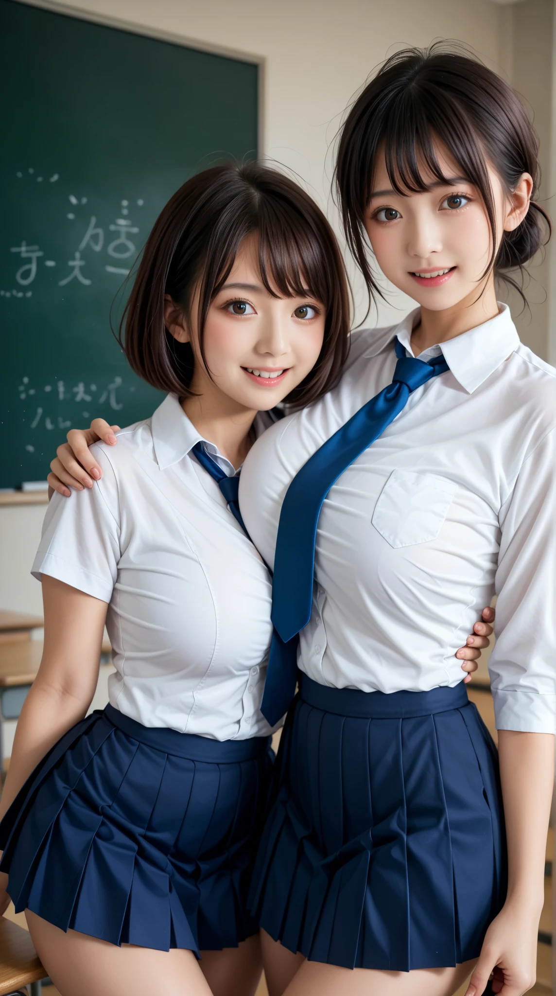 table top, highest quality, 8k, 15 歳の裸のgirl, small breasts、((Big eyes))、(((smile))),学校のclassroom,(((view audience))),RAW photo, (((nude))), award winning portrait,(((Nipples exposed through exposed uniform))), smile, daytime, idol face, girl２people々hugs each other,繊細なgirl, Upper body, Digital single-lens reflex camera, looking at the viewer, Frank, Sophisticated, thin arms, soft ray、professional lighting, chromatic aberration, (Eye and face details:1.0), ((realistic))、girl2名, ((girls school uniform)), look at the audience, young face、非常に可愛いsmile, (( open your legs、please open your legs)),show your chest、classroom、(((when you take off your uniform, My chest is exposed)))、short hair,twin tails,perfect anatomy,accurate limbs,precise fingers