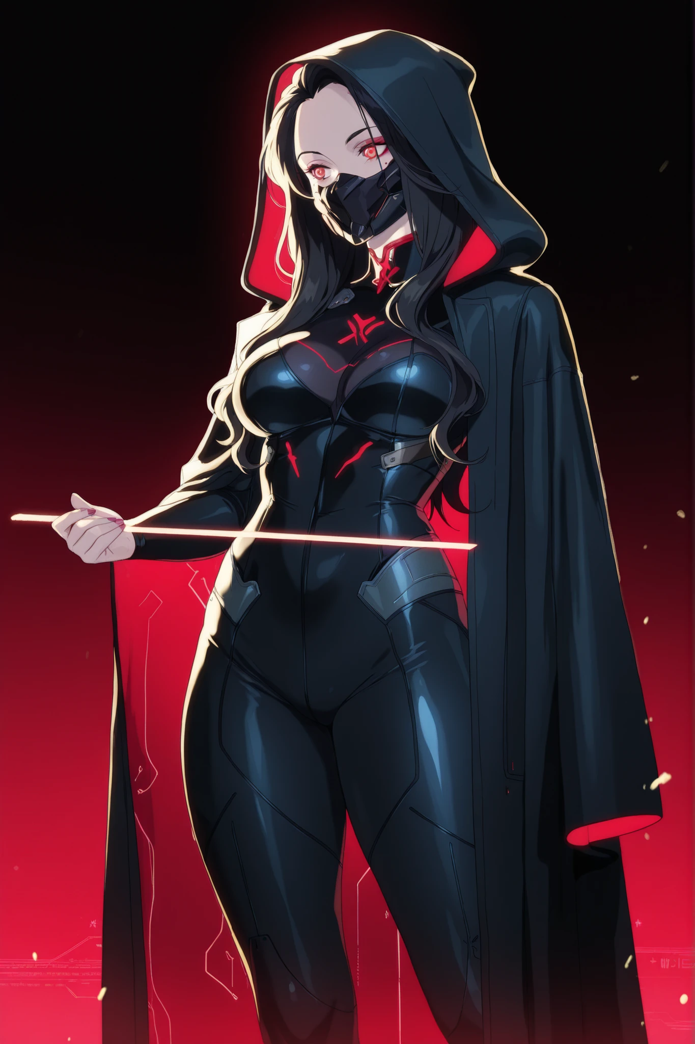 Dark and mysterious Cyberpunk Figure , sleek and enigmatic design, pale human skin tone with a subtle glow from the ambient lighting. ((Long wavy black hair partially visible under a hood)), glowing red eyes or markings on the face (if wearing a mask), enhanced by sharp and angular features that exude intensity and focus. Minimal makeup, no lipstick, to maintain a natural yet striking appearance.
She wears a dark, form-fitting outfit in black tones , inspired by tactical gear but refined for elegance: matte black fabric with subtle neon accents that glow faintly, riveted details adding a tactical flair without being overly complex. The most prominent feature is a hooded cloak or jacket with a high collar, concealing much of her face except for glowing red symbols or markings around the eye area, reminiscent of cybernetic enhancements or digital interfaces. The symbols could be intricate designs like runes, glyphs, or circuit-like patterns, emitting a soft red glow.
Posed confidently with one hand resting lightly on her hip, while the other hangs naturally by her side. Her head is slightly tilted downward, with her gaze directed off to the side, adding an air of mystery and allure. Her posture exudes authority and poise, capturing her as both a ruler and a seeker in the cyberpunk world.
Atmospheric cyberpunk setting, dimly lit with soft neon reflections around her feet, faint glow from the red symbols adding to the ambiance. Cinematic lighting highlights her features, emphasizing her piercing eyes, the intricate details of her outfit, and the subtle glow of the neon elements. Color palette focuses on black, deep gray, and vibrant red hues for a cohesive and sophisticated look.
Masterpiece, high detail, realistic yet fantastical, elegant and balanced design, best quality