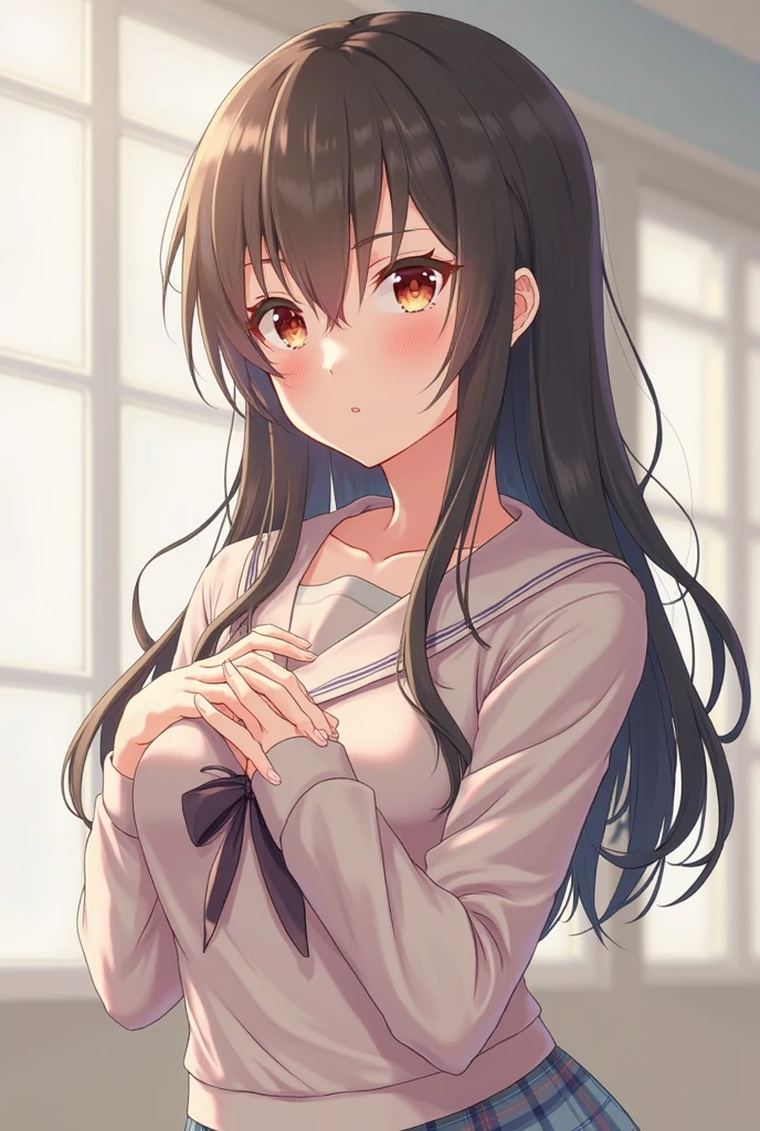 squatting, (looking away:1.5), (side angle:1.2), Upper Body, Realistic, real person, RAW photo, photorealistic, portrait photography, shiny skin, japanese idol、A 25-year-old woman with bright chestnut bangs.、long wavy hair, pink eyes, sad, wearing a white off-shoulder blouse, Kitchen background、Alone、