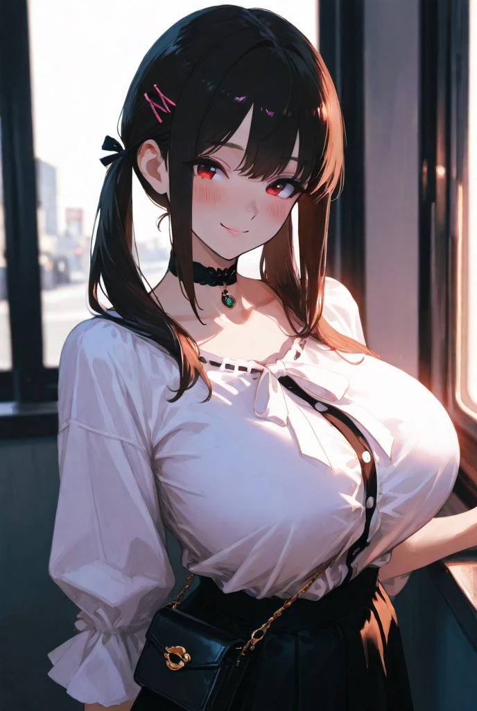 masterpiece、The best、1 female、denim vest、Denim shorts、Red shirt, Bun bun、black hair、Shoulder leakage、big breasts、chubby、Smile、White suspenders、lace leggingackpack,On campus,pose,Street culture