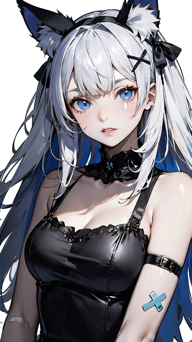 1girl, anime, cute girl, blank background, white background, fantasy, detailed dark fantasy dress with highlights, beautiful face, beautiful eyes, dark colors, silver hair, slightly small breasts, slight cleavage, beautiful skin, cute, breast curtains, extremely delicate and beautiful, (beautiful detailed face:1.0), (detailed deep eyes), symmetrical breasts, deep eyes, shiny skin, portrait, slender waist, hips wider than shoulders, thighs, young girl, expressionless, luminous eyes