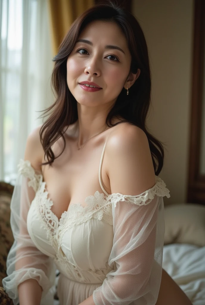 NSFW, ((highest quality)), ((8K)), ((masterpiece:1.3)), (be familiar with), flowers in her hair, perfect face, no underwear, hairy pussy,  ((japanese woman)), (Married woman), ((47 years old)), (( giant big big sagging breasts:1.4 )), large hips, slim waist (((Layering petticoat dress and underwear))), ((Silk petticoat dress)), (Transparent white pericoat dress:1.05), (white bra:1), (2 sets of shoulder straps), (Bunty), (wrinkles on the face:1.2), ((wrinkles at the corners of the eyes)), A slightly gloomy look, (lips slightly open), (Look diagonally forward to the left:1.3), (Long wavy hair), double upper eyelid, (whole body), standing posture, barefoot, arms up begind head, stretching