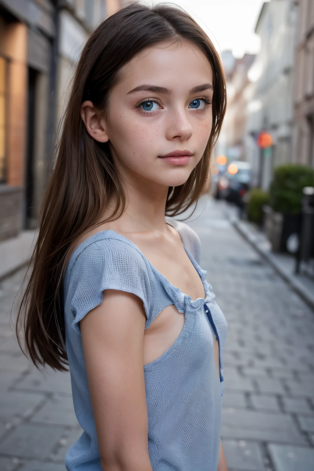 (Please generate a picture of a young slim Irish girl with brown hair, freckles, wears a blue fishnet shirt , below is the naked body . She has bigger , Blue eyes, and a subtle, natural makeup. The photo should show, that she is not wearing obvious makeup , She should look directly into the camera. The face should look real and natural . full body shot, She has sharp blue eyes. The girl has a sweet temperament. The background should be clear、neatness. The details of the picture should be of high quality(Best quality at the best price)), ((Meisterwerk)), ( detailed pubic hair ), has the perfect face, very young girl of s, tween