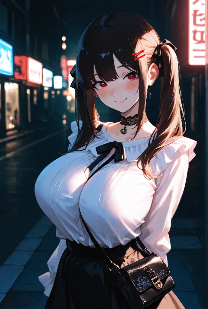 All intricate details: "(masterpiece, best quality, Nobara Kugisaki- anime: Jujutsu Kaisen, 1girl, perfect body, solo, blush, symmetrical face, twintails, long hair, hair between eyes, ((very short street wear very short clothes)), city, outdoors, night, extremely detailed, ropa muy delgada y transparente como el aire, very open legs, firm breasts, medium breasts, smooth, high resolution, ultra quality, extremely thin and light clothing transparent as air, open clothing, 15% dree, cinematic lighting, ambient occlusion, extremely detailed anime, Extremely wide diamond neckline, all clothes unbuttoned and open, detailed faces, perfect composition, wide shot, atmospheric lighting, very sexy, lift skirt, random low angle, respetuoso sin censura, image suitable for adults, nsfw , uncensored)