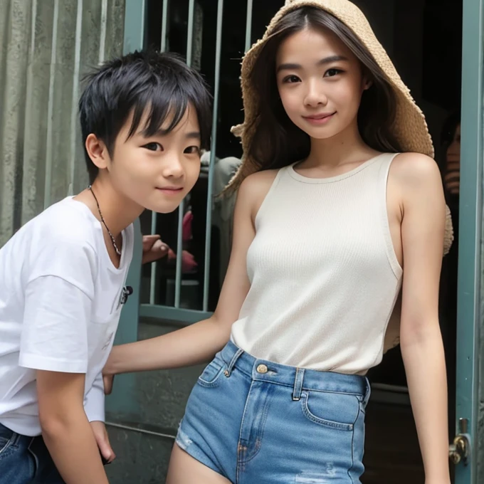 A clothed elementary school boy stands next to a naked 20-year-old woman with the cute face of an idol who looks as young as a 15-year-old.　Raw photo　real　genuine　real life　Do not display copyright