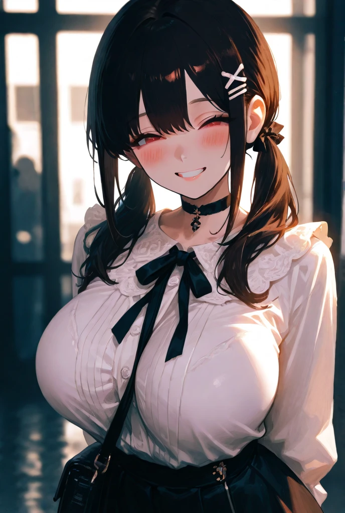 close up of face、black hair, red eyes, black hair, oni horns, slightly blushed、short hair、girl1、sit、study、uniform、School、smile, big breast, ((Squinted eyes, look of lust)), ero, sexy girl, anime style, 2.5D anime, anime eyes, red eyes, closed smile, (Biting lower lip), beautiful, gorgeous girl, female body, unbuttoning her shirt, View from below, mini skirt, black panties, sweating, low angle, cute face, (blushed)