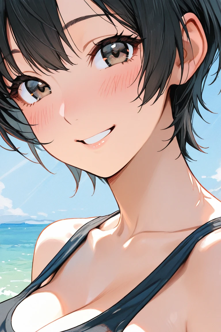 high quality, detailed, Realistic, (two 16 years old japanese boys), (detailed black eyes), (abs), (shiny skin), detailed nipples, black hair, (black tiny thong), (erected bulge), summer noon, close up face, laying, (sucking him nipple:1.5),