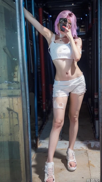 Run-down street, slum, best quality, full body portrait, delicate face, 18-year-old girl, slim body, small bust, white transparent bikini, looming, to crotch, facing the camera, sitting on the ground, spread oned, men's toilet, dirty, full of garbage, greasy, sy, dirty and dilapidated