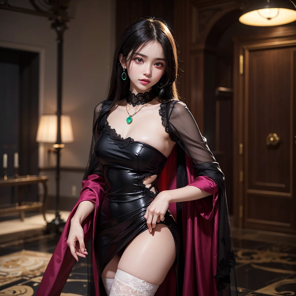 a cute Yuna in cosplay as Morticia Adams (sexy black slinky dress deep v down middle deep thigh slits) sultry pose holding a black rose
