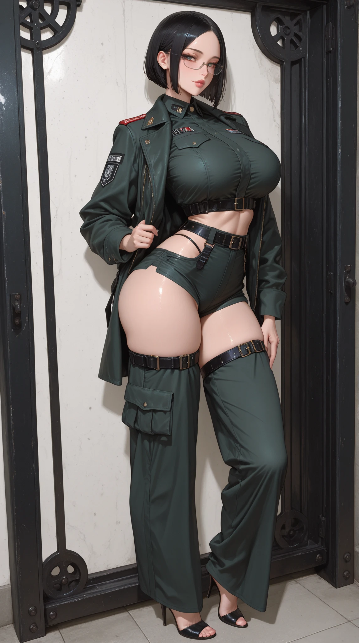 Usually detailed CG Unity 8K wallpaper，（tmasterpiece），（Best quality），（ultra - detailed），（ultra real photo），（best character detail：1.36），Nikon D750F / 1.4 55mm，RAW photogr，profesional lighting， physically-based renderingt, 1 plump girl, girl soldier，(Dark green military uniform，(Dark green military uniform)，Fabric texture military uniform，Business suit)，(Wear a plain white shirt under the jacket，The fabric of the white shirt soaked with sweat clings to the chest，The buttons of the white shirt on the chest are fastened)，(red necktie)，((Black gym panties))，Bareleged，Plump legs，black hair color hair，(military hat，Large wavy curls，Do not tie your hair，Short hair details)，the golden ratio,[:(Have a delicate face:1.2):0.2]:，pure love face_v1，thick bushy eyebrows，Wide shoulders,(gigantic breast:1.35),(gigantic ass:1.6),(Plump thighs:1.45),(stick out buttocks:1.5),(Wide crotch:1.55),(I look up from below:1.55)，((both hands on hip，Look from your hips，close-up shot from behind，(Peach buttocks:1.2)):1.4)，Close-up Shot Shot，((smiling with narrow eyes，Smile full of confidence，Hefty Smile，laughing heartily，Have by the sea):1.35)，(((Close-up of panties，ass close up)，facial closeups))，(Sunset sky，gentlesunlight，sunshine on face，(light shining on face)，blue-sky，Sunny smile，light glow)，white teeth，(looking at me)，(((thicc, big booty, curvy accentuated booty, thick thigs, wide hips, insanely inflated hips, )，azur lane style，lit from behind))，high-heels，