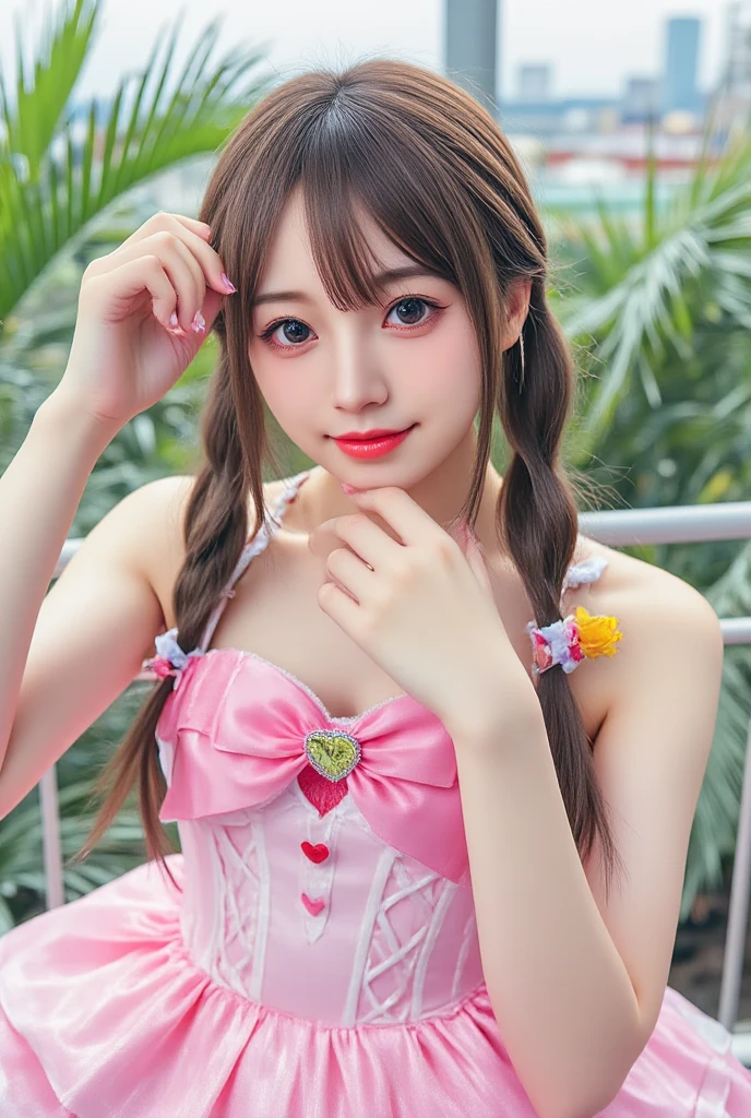 Cute Costume , stage ,(((live-action:1.5))), ((Realistic Beautiful Girls:1.3 , Japanese idol)) , ((Realistic sunlight  , 8k , Top Quality Masterpiece:1.3)) ,  details , full body , bungs , female , chest , twin tails,