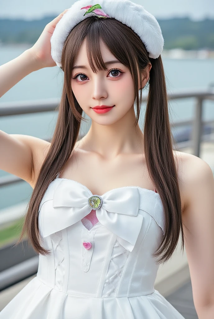 Cute Costume , stage ,(((live-action:1.5))), ((Realistic Beautiful Girls:1.3 , Japanese idol)) , ((Realistic sunlight  , 8k , Top Quality Masterpiece:1.3)) ,  details , full body , bungs , female , chest , twin tails,